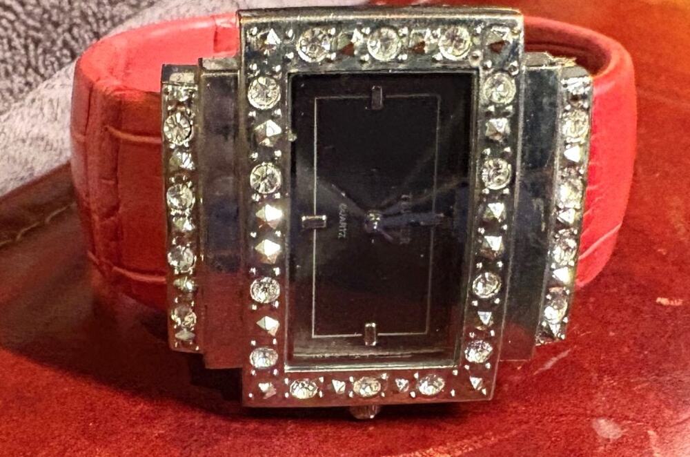 Women's silver Tone Bijoux Terner Bangle Bracelet Watch, Red Leather Wrapped,